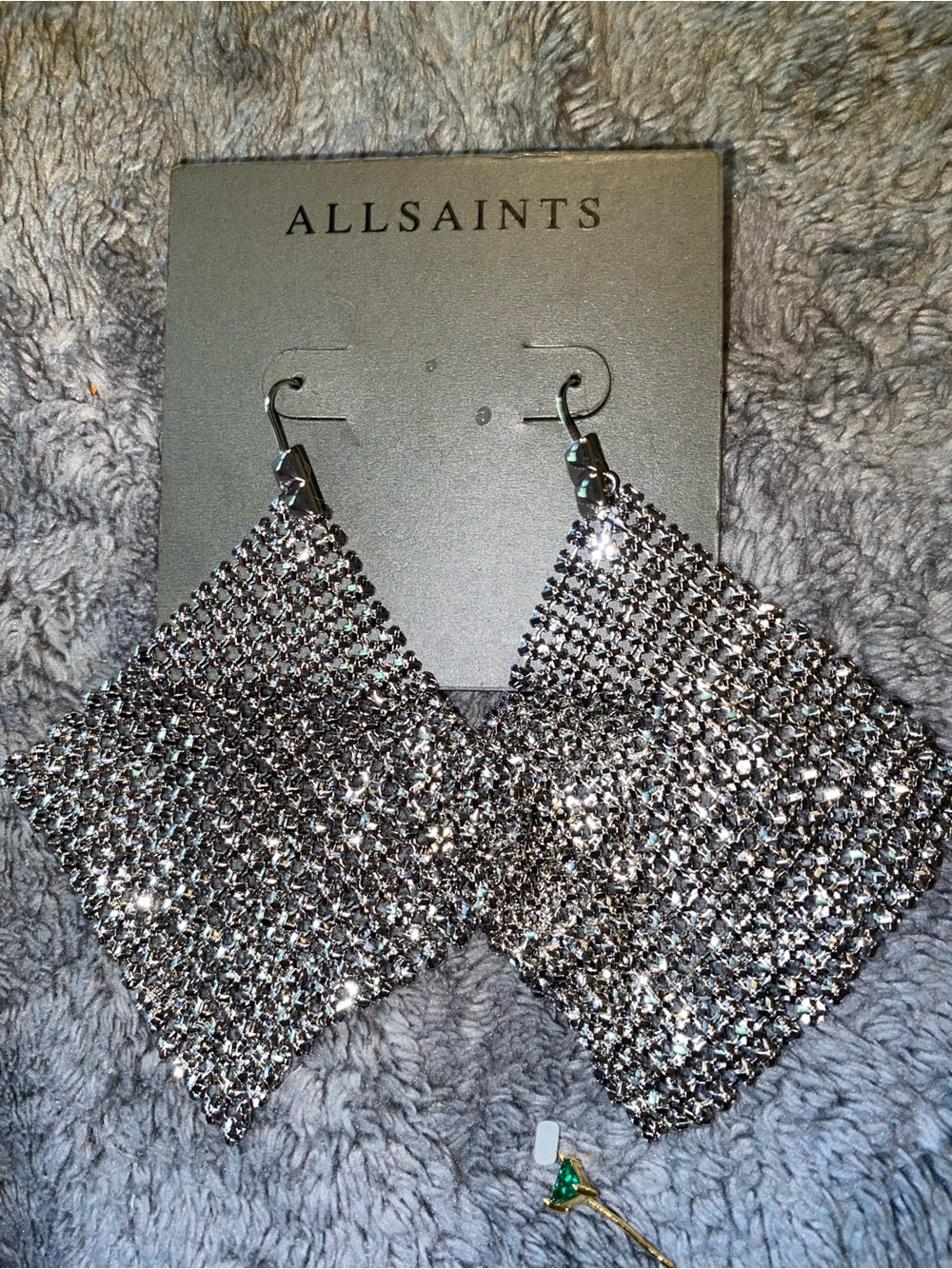 BNWT All Saints Silver Sequin Mesh Drop Earrings $69 - Picture 4 of 4